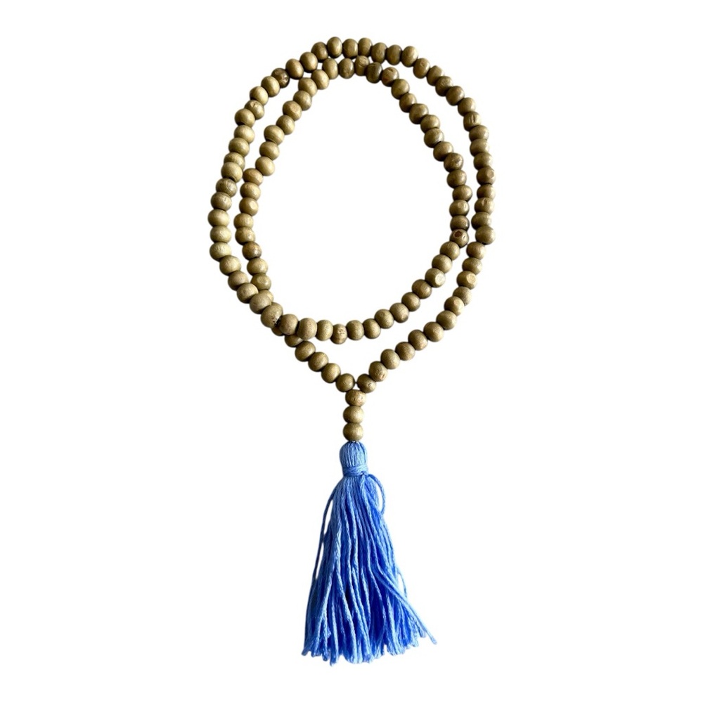 Blue Tassel Mala Wood Beaded Necklace Handmade 108 Beads Prayer Necklace